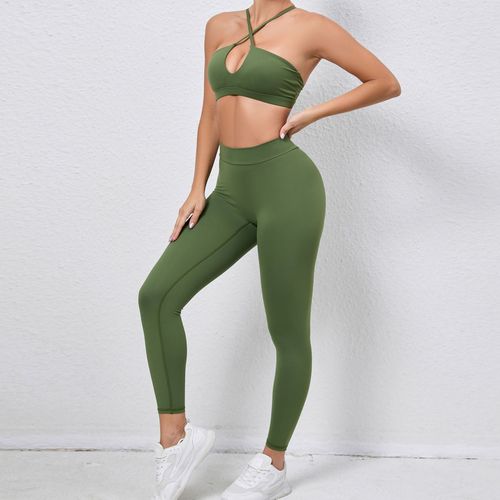 New European and American naked feeling yoga clothes cross back sports tight set running breathable quick dry fitness two-piece set 