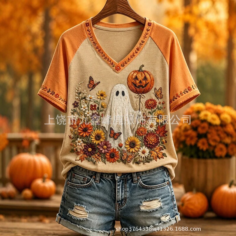 Dropshipping 2026 Halloween Women's Pumpkin Ghost Party Casual V-neck Short Sleeve T-shirt Outdoor Daily Wear Autumn Winter Dropshipping 2026 Halloween Women's Pumpkin Ghost Party Casual V-neck Short Sleeve T-shirt Outdoor Daily Wear Autumn Winter