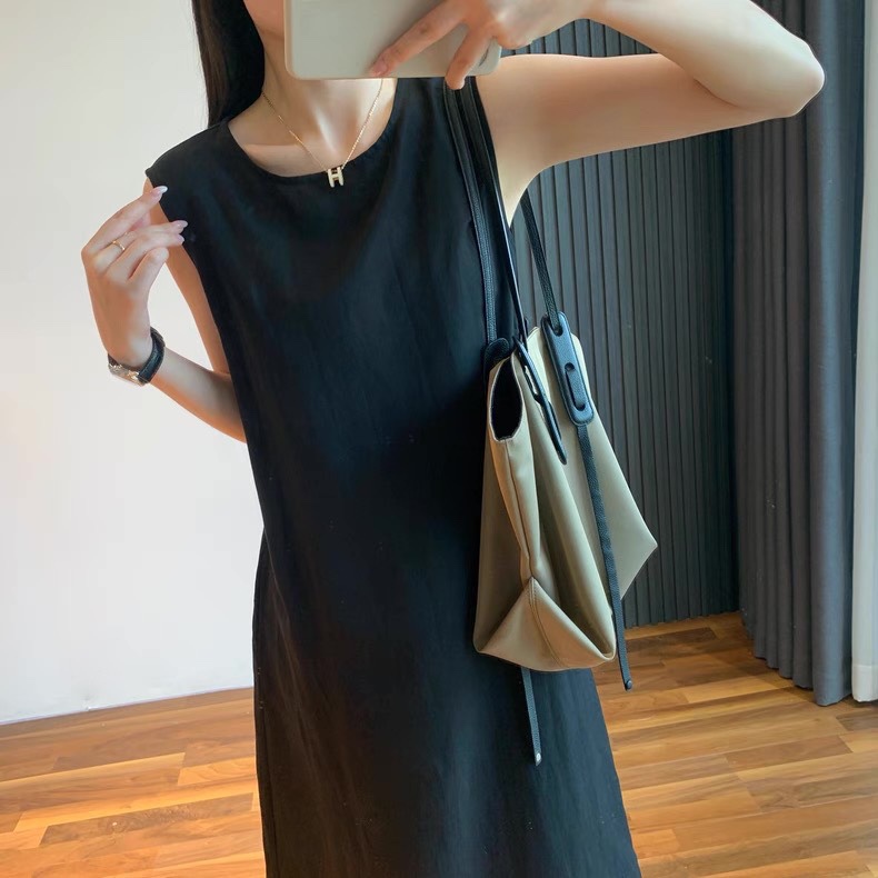 Black Sleeveless Vest Dress with Mushroom Buttons, Linen Dress for Women, Elegant and Loose-Fitting, Slimming and Drapey, Long Black Dress with Long Sleeves