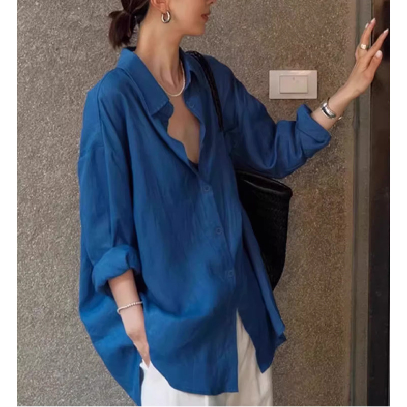 High-End Linen Sun Protection Long-Sleeved Shirt, Relaxed and Versatile Cardigan Jacket, Thin Loose Cotton and Linen Blue Shirt