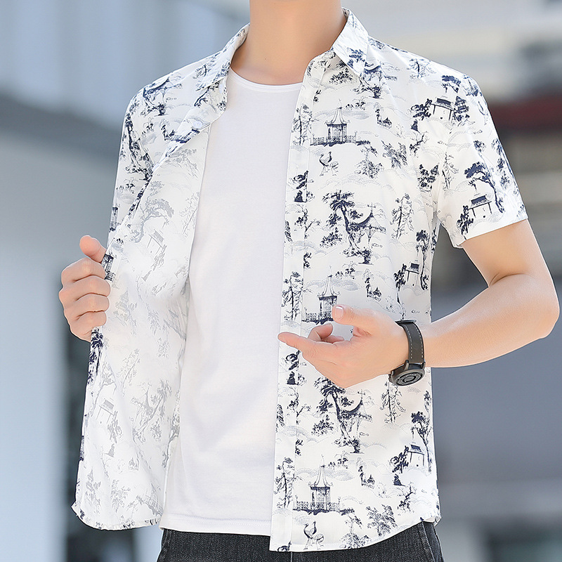 Cotton Ink Printing Shirt Men's 2022 Summer New White Short-sleeved Cardigan Shirt Trendy Men's Shirt