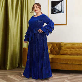 欧美晚礼服新款长裙喇叭袖欧美时尚烫金休闲大码金丝绒连衣裙