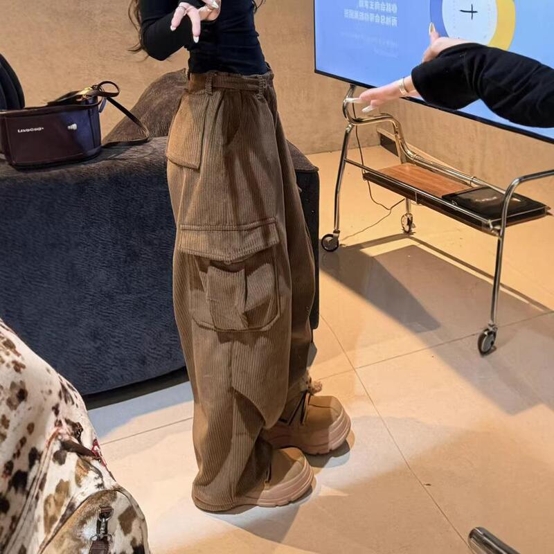American Retro Brown Corduroy Work Pants for Women, Winter Fleece-Lined, Thick, Heavy-Duty, Loose Wide-Leg Pants with Pockets, Casual Pants American Retro Brown Corduroy Work Pants for Women, Winter Fleece-Lined, Thick, Heavy-Duty, Loose Wide-Leg Pants with Pockets, Casual Pants