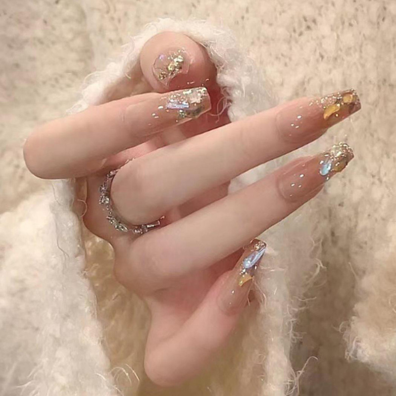 TikTok Explosions Wearing Nail Art Brown Coffee Gradient Glitter Nail Patch Champagne Tea Color Adracic Diamond Nail Art Pieces
