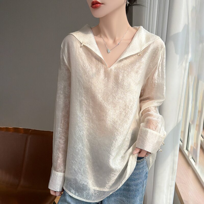 Áo sơ mi nữ cổ đứng tay dài vải Tencel mỏng nhẹ kiểu chui đầu — Màu hồng, Màu trắng, màu đen