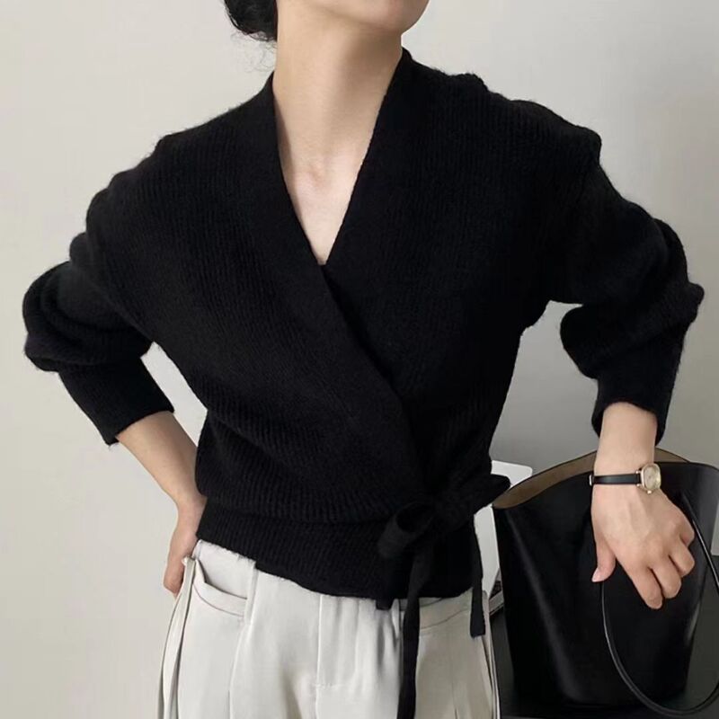 早秋蝴蝶结绑带V领针织衫女短款高腰开衫毛衣外套外搭设计感上衣|undefined