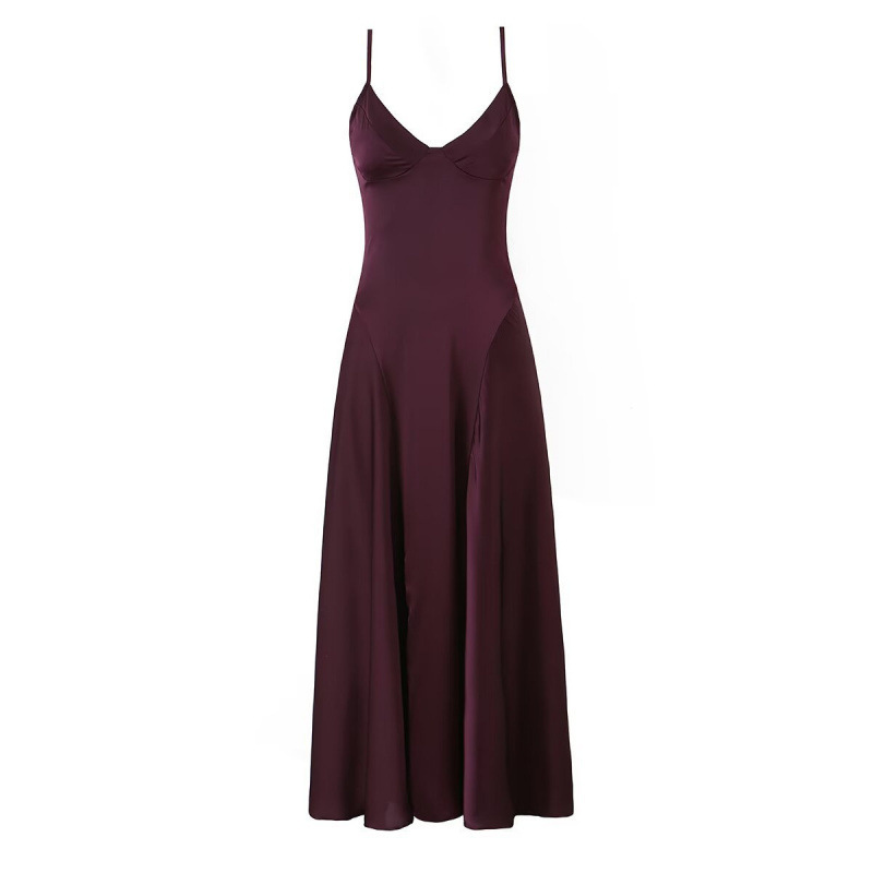 Burgundy satin V-neck spaghetti strap long dress for women, with a smooth drape, silky texture, slim fit, and a pure and alluring vibe Burgundy satin V-neck spaghetti strap long dress for women, with a smooth drape, silky texture, slim fit, and a pure and alluring vibe