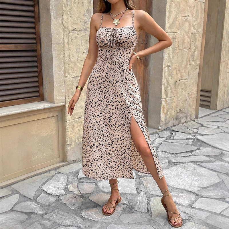Women's Full Body Print Sexy Strap Midi Dress 2025 Summer Commuter Minimalist Socialite Style