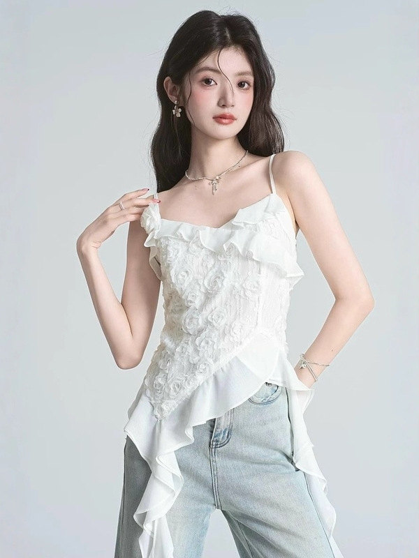 不规则荷叶边白色吊带背心女夏外穿设计感小众绝美叠穿无袖小上衣|undefined