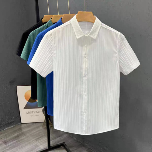 Men's Summer Striped Plain Shirt, Short Sleeve Casual Iron-Free Shirt, Lightweight and Mature Style, Collar, Korean Version, Fashionable and Trendy New
