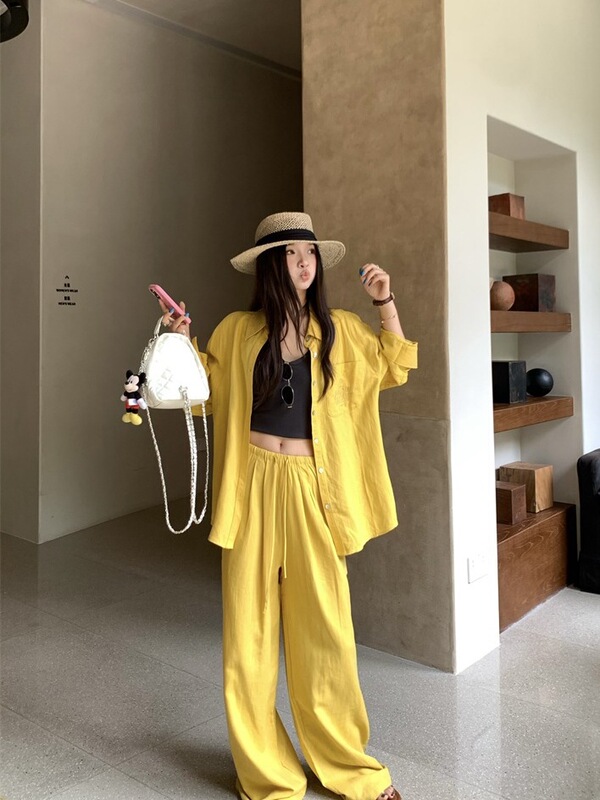 慵懒风黄色单排扣长袖衬衫女2025新款秋季显瘦休闲裤长裤两件套|undefined