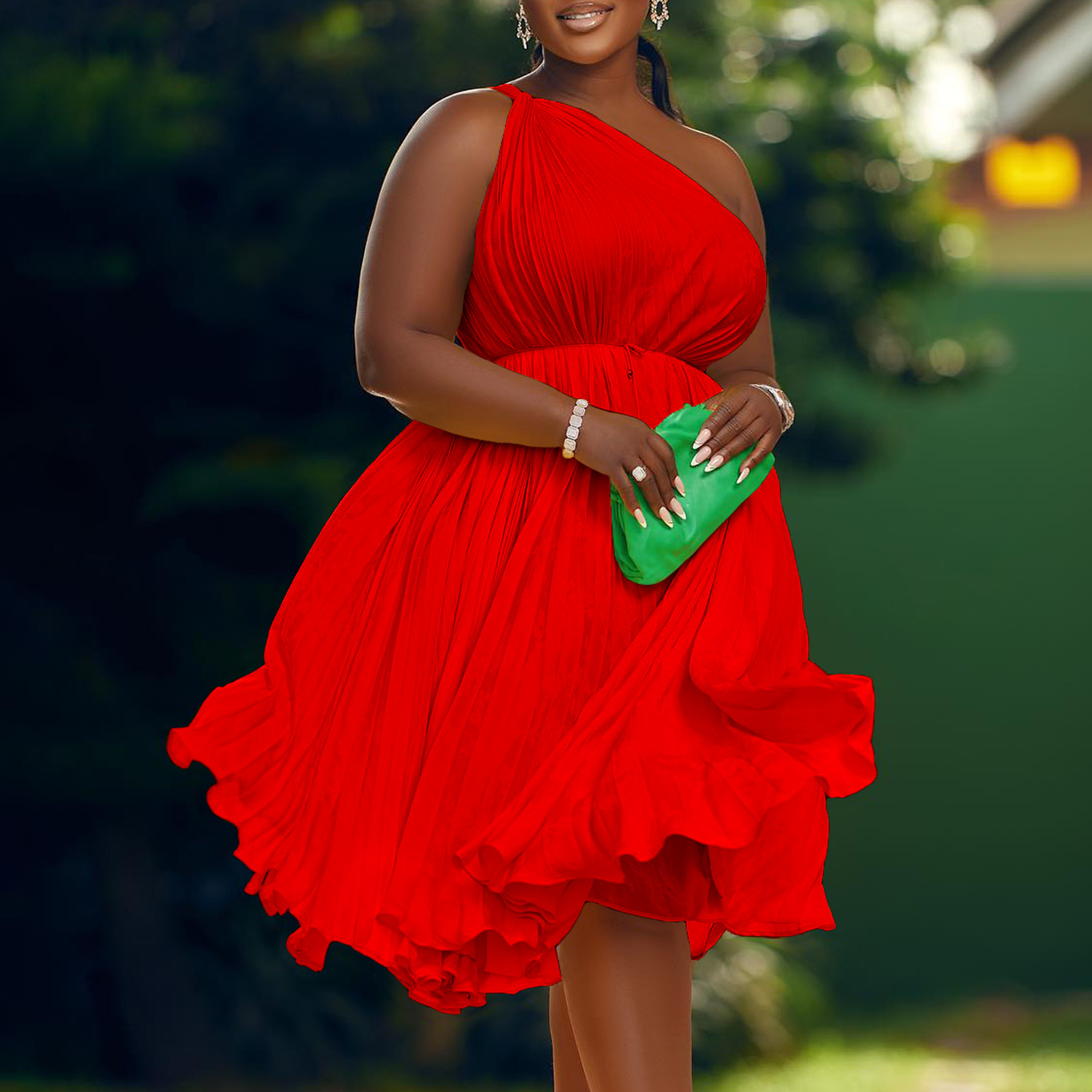 African Plus Size Women's Summer New Item With Pleats, Slanted Shoulders, Large Swing Straps, Solid Color European And American Dress_ecoleips.com
