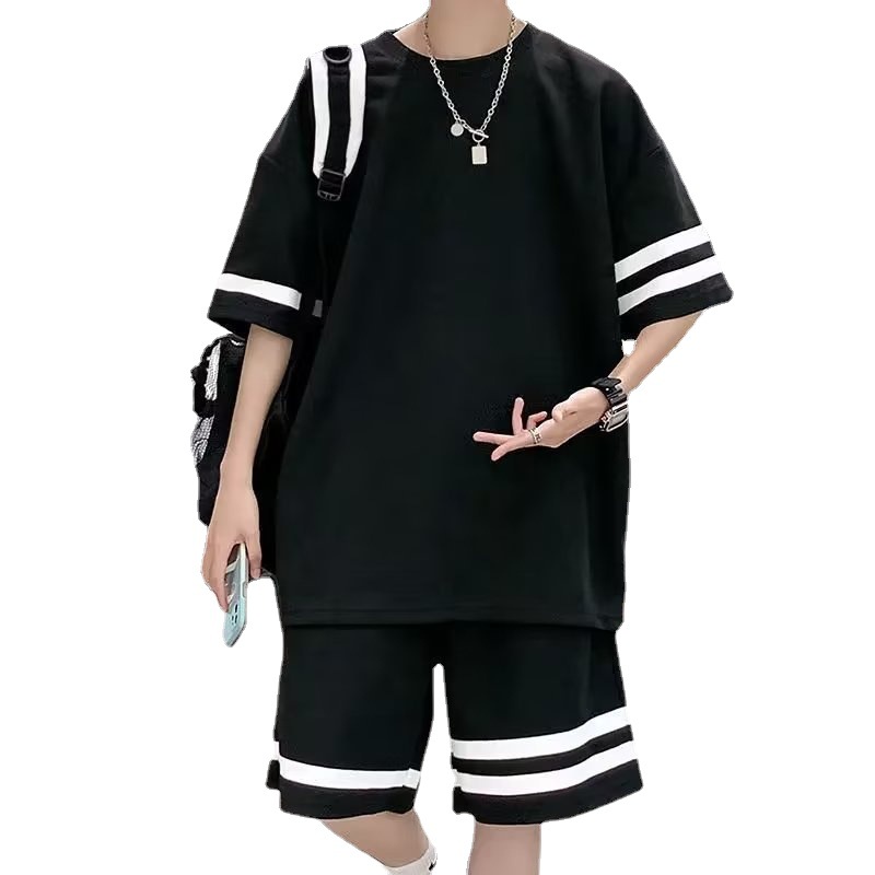 Summer waffle black and white short-sleeved T-shirt men's 2023 new suit couple wear ins fashion brand plus size all-match T-shirt