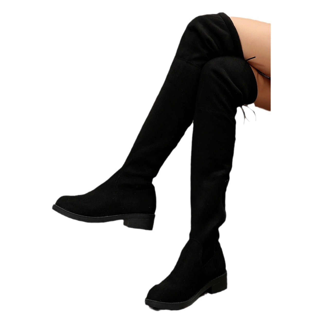 Трансграничные замшевые сапоги больших размеров на массивном каблуке, осенне-зимние классические высокие сапоги с короткими плюшевыми белыми рукавами для женщин