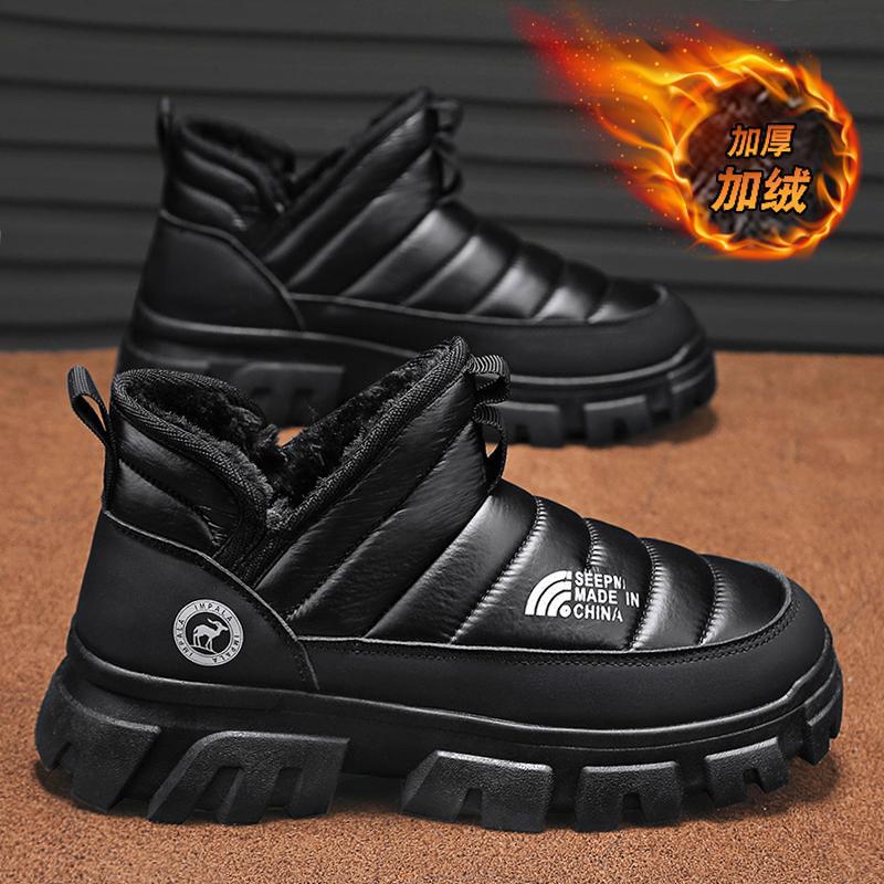 겨울 면화 남성용 기모 따뜻한 등산 신발 남성용 캐주얼 트렌디 신발 2024 학생용 헤어 스노우 부츠가있는 새로운 도착 신발