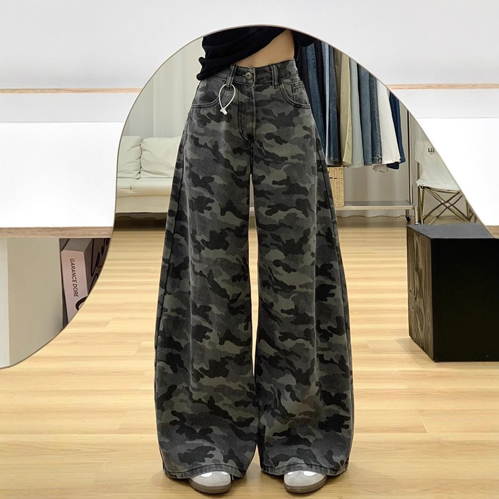 American Retro High Street Camouflage Work Jeans for Women 2025 Spring and Summer New High-Waisted Loose Slimming Look Wide-Leg Pants