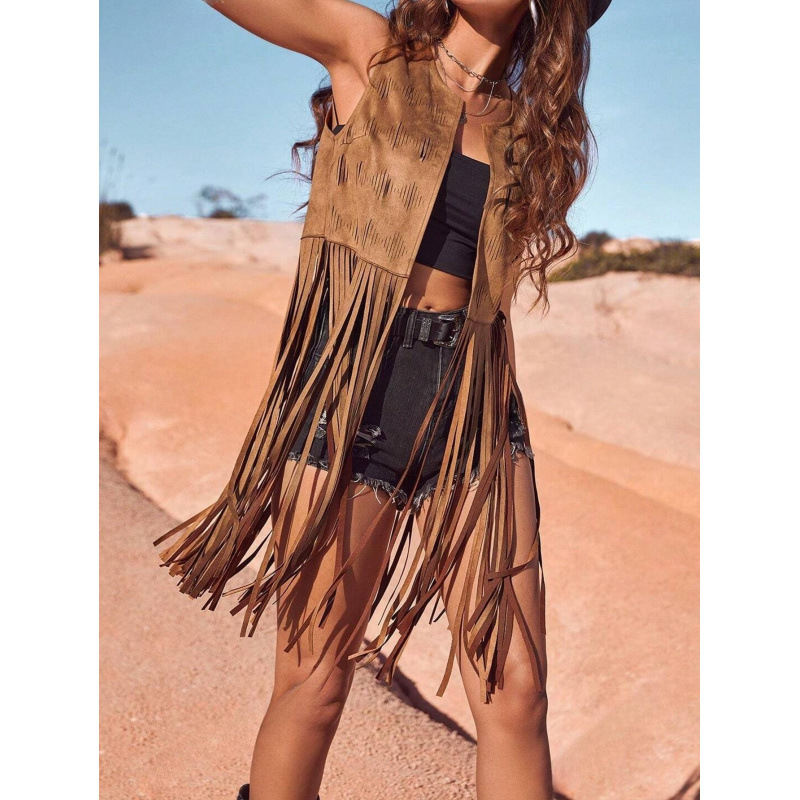 European and American Cross-Border Women's Tassel Vest Sleeveless Hippie Faux Suede Tassel Jacket Cardigan