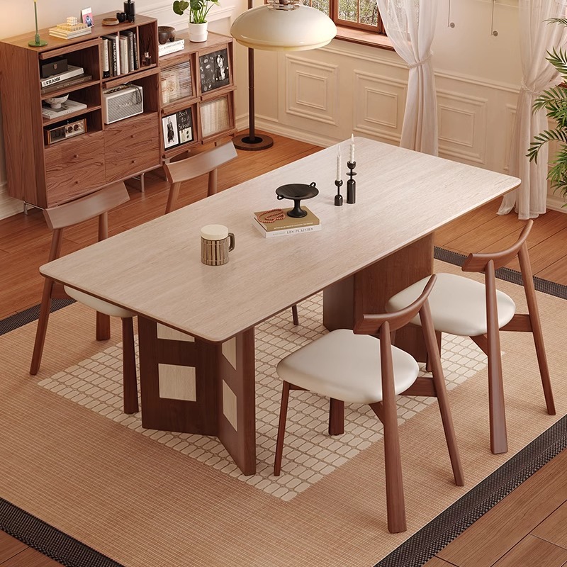 Mesa de comedor Carmen de madera maciza de estilo medio, tablero de roca travertino 2024 nuevo hogar pequeño apartamento francés retro familia nórdica