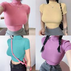 European and American style sexy pure hot girl short-sleeved T-shirt for women in summer half-high neck pleated navel and short tight body