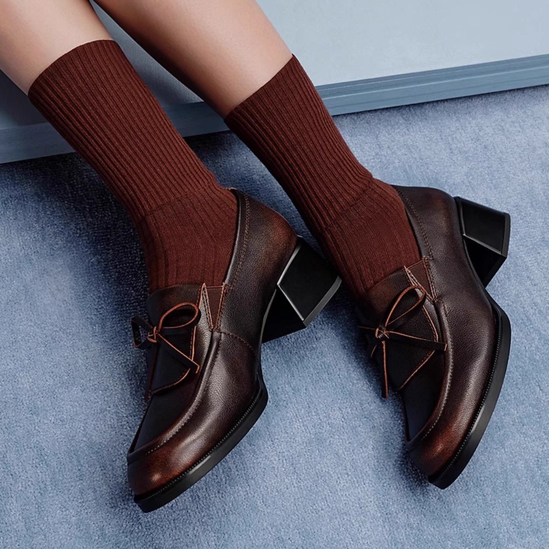 2025羊皮版~粗跟圆头一脚蹬显瘦百搭乐福鞋女复古气质蝴蝶结通勤