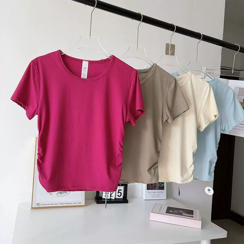 Летняя футболка для йоги, женская спортивная футболка с коротким рукавом и ребристой текстурой, высокоэластичная, простая, быстросохнущая, дышащая, для фитнеса и бега