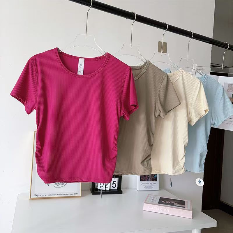 Summer Yoga T-Shirt, Ribbed High-Elastic Yoga Short-Sleeved Women's Sports T-Shirt, Simple Fitness Quick-Drying Breathable Running Top Summer Yoga T-Shirt, Ribbed High-Elastic Yoga Short-Sleeved Women's Sports T-Shirt, Simple Fitness Quick-Drying Breathable Running Top