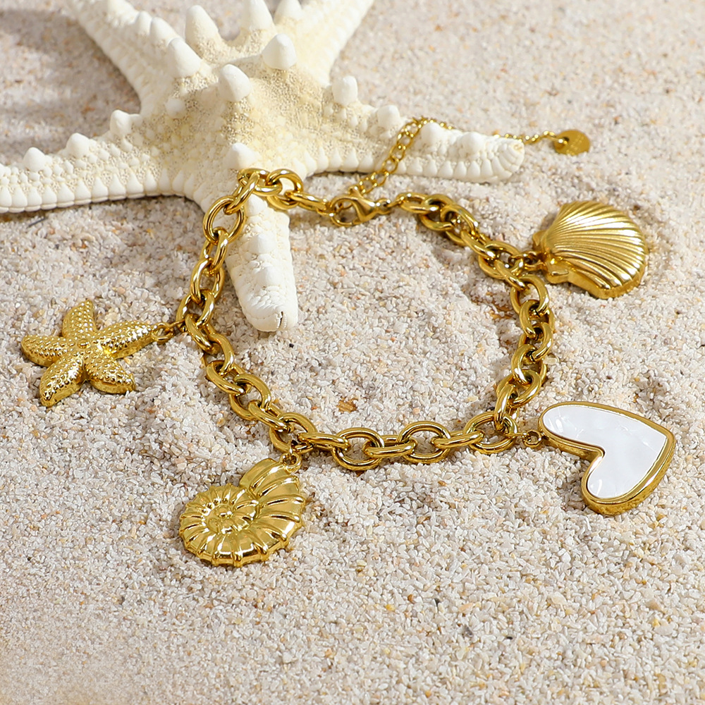 PVD Coated Gold Plating Process Real Gold Plated Plating Material PVD Coated Real Gold Plated Starfish Conch Heart Shape 304 Stainless Steel Marine Style IG Waterproof Non Tarnish Bracelets