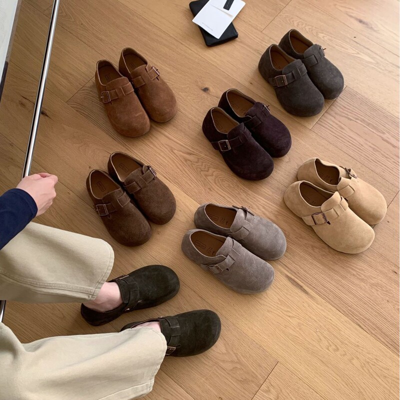 Genuine leather version~Korean style 5CM internal height increase round-toe Birkenstock shoes for women, new retro style slip-on shoes for autumn 2026