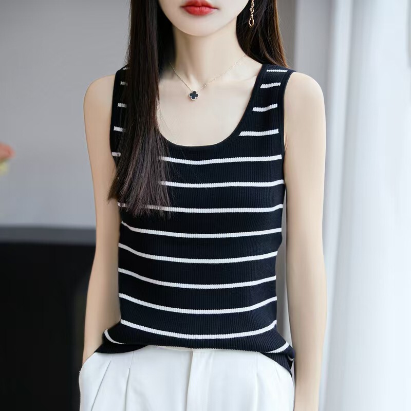 Pure Cotton Camisole Knit Top for Women, New Spring/Summer Style, Low Round Neck, Slim Fit, Striped Inner Wear, Sleeveless Pullover Camisole for Women Pure Cotton Camisole Knit Top for Women, New Spring/Summer Style, Low Round Neck, Slim Fit, Striped Inner Wear, Sleeveless Pullover Camisole for Women