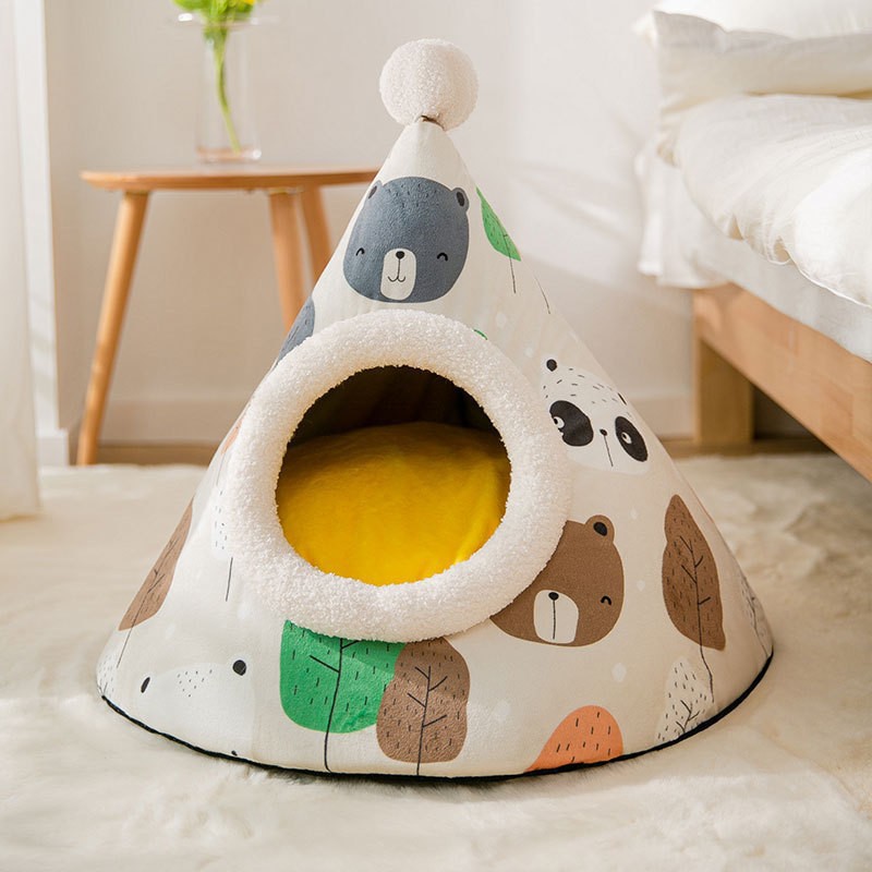 Casa de ojos grandes y lindos, invierno caliente cama de perro desmontable y lavable, cuatro estaciones de cabello dorado, perros cerrados, perros