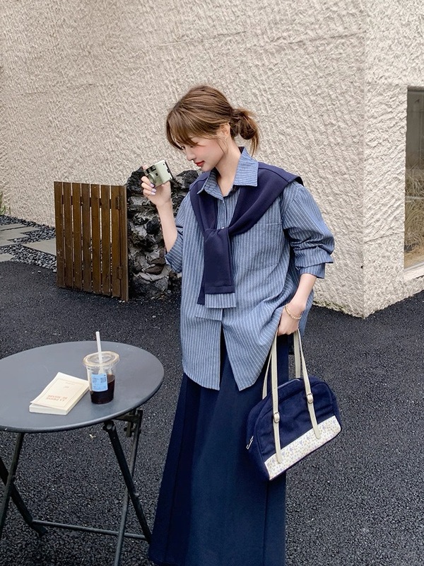 时尚减龄显瘦条纹衬衫披肩套装女装2025秋季新款半身裙休闲三件套|undefined