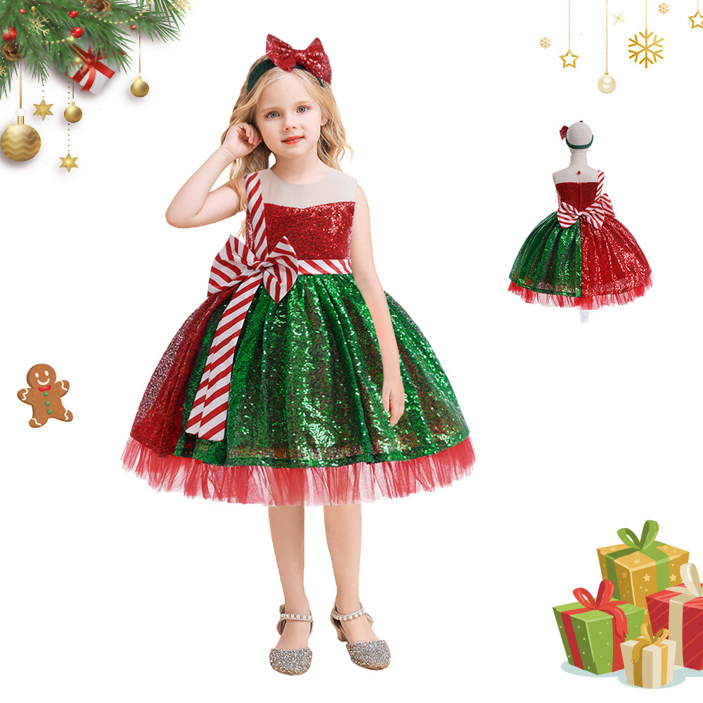 Amazon nuevo vestido de Navidad para niños con lentejuelas rojo y verde color a juego arco princesa vestido Festival traje de los niños