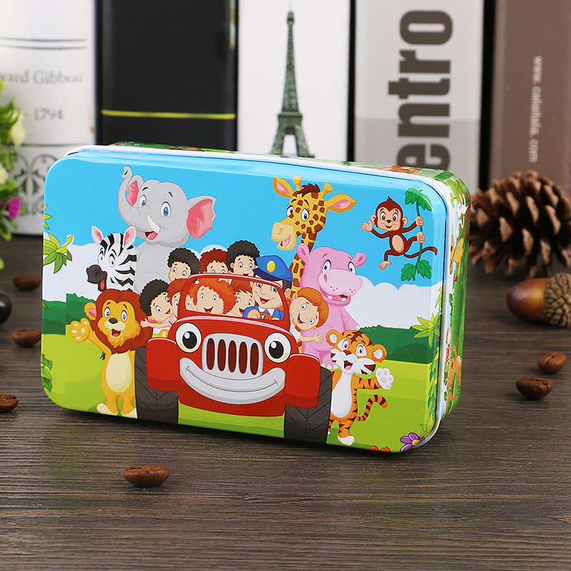 Nuevo estilo 60 piezas 200 piezas dibujos animados para niños dibujos animados madera caja de hierro rompecabezas bebé escuela primaria juguetes educativos al por mayor