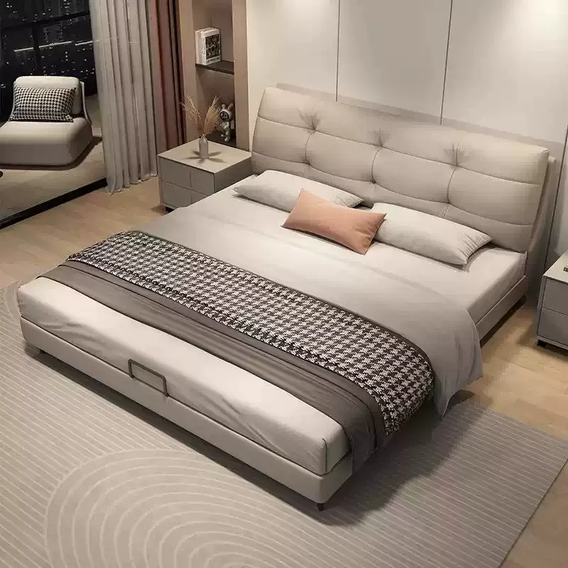 现代简约真皮床主卧软包仙女泡芙皮艺床奶油风高端卧室家具床主卧