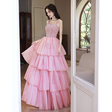 粉色吊带亮片晚礼服2024春新款小众年会主持人公主蛋糕裙长款礼服