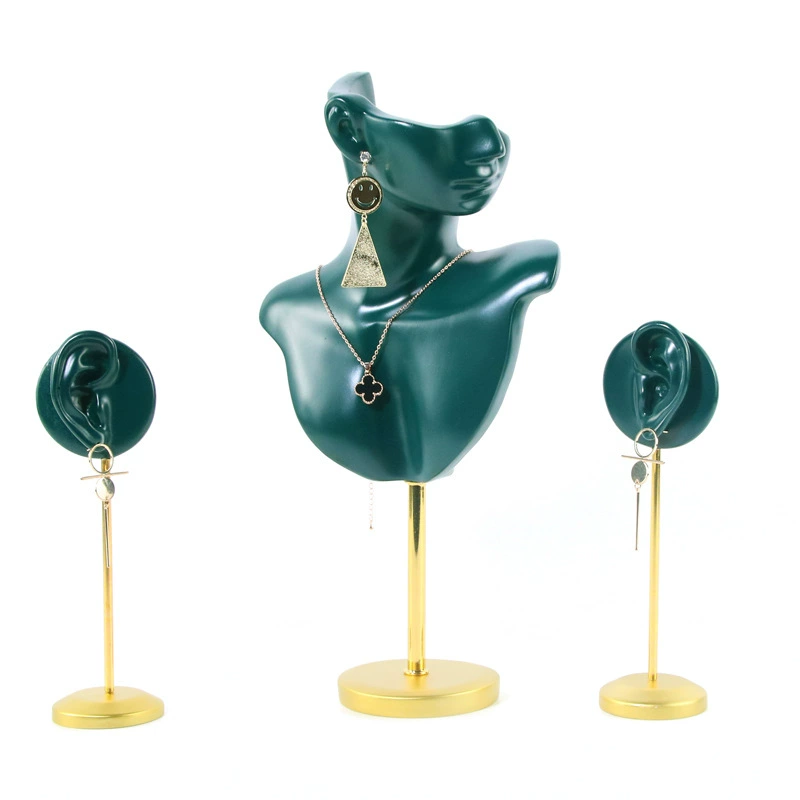 Metal green earrings, stand, accessory