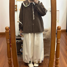法式独特别致娃娃领花边长袖衬衣秋冬森系别致内搭宽松磨毛上衣女