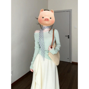 Stretch Slim-Fit Wool Sweater Long-Sleeve Slim-Look T-Shirt with Crosscut Collar Top Skirt