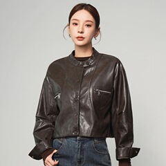 专柜正品短款真皮皮衣女品牌短款圆领小个子单排扣绵羊皮小外套潮