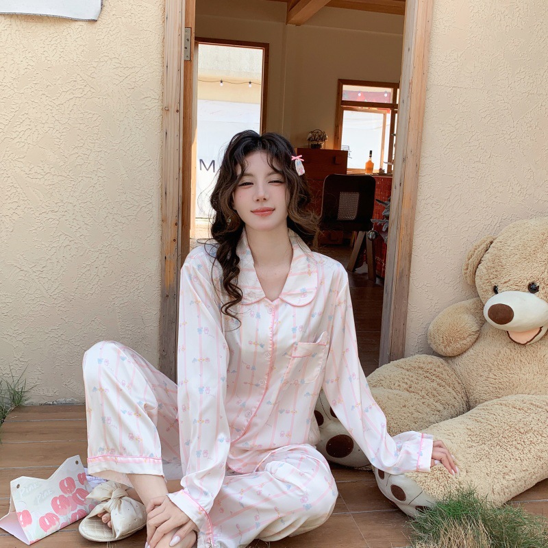 2025 봄 새로운 잠옷 여성 긴팔 바지 홈웨어 얼음 실크 패션 동물 프린트 스위트 슈트