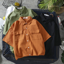 潮牌工装口袋衬衫男女纯色情侣装五分袖衬衣短袖夏季薄款休闲宽松