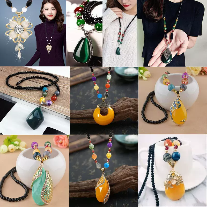 新款时尚仿蜜蜡项链女复古民族风秋冬长款毛衣链饰品配饰挂件批发