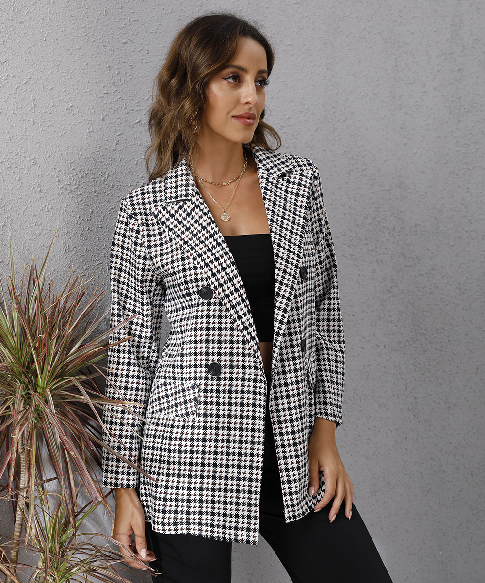 Houndstooth Lapel Long Sleeve Coat - Coats & Jackets - Uniqistic.com