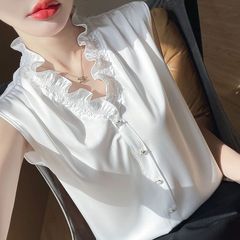 法式V领木耳花边丝滑缎面无袖背心气质内搭女叠穿百搭打底夏季