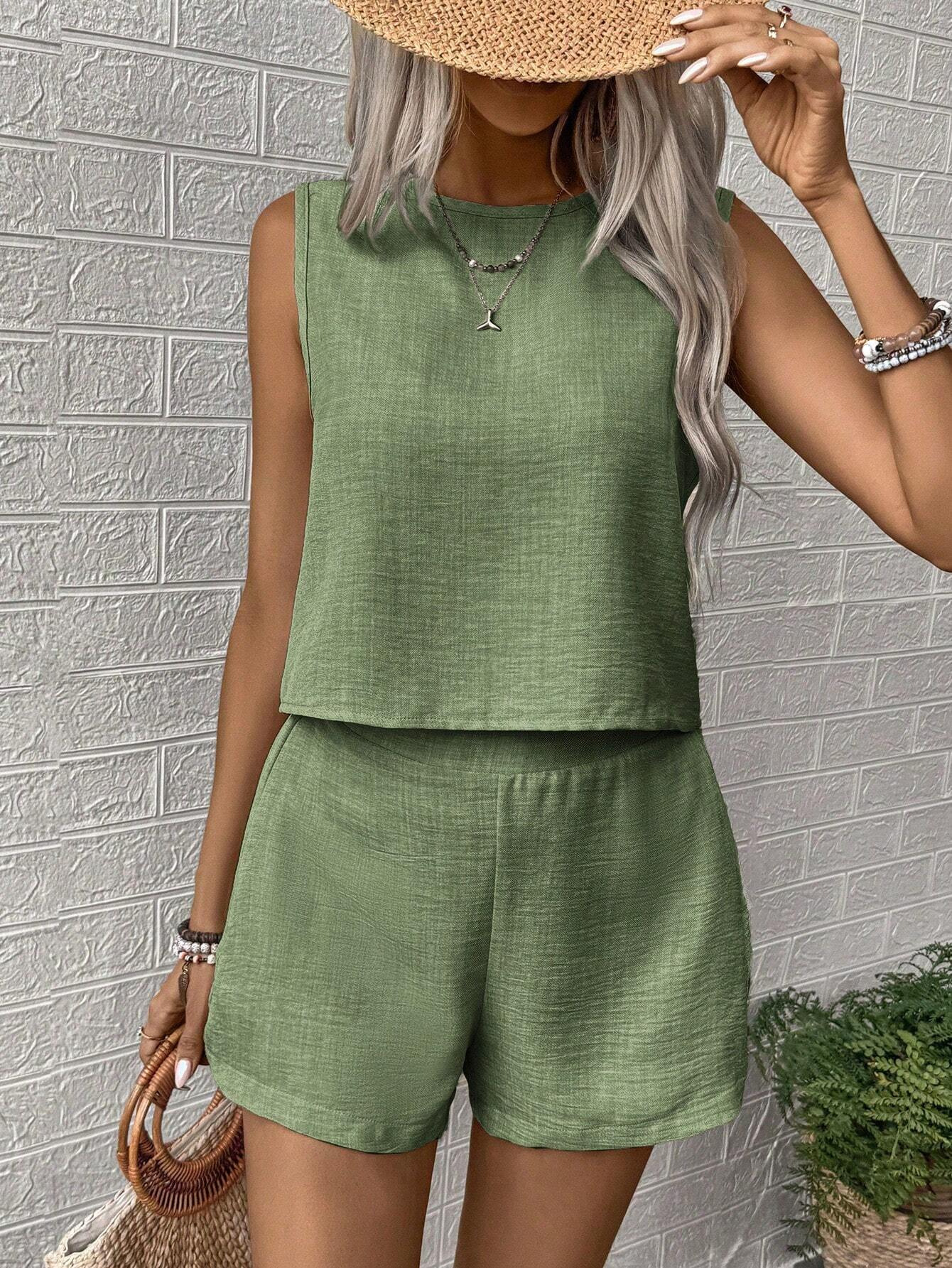 280g Weight Sleeveless Sleeve Length Polyester Fabric Type Shorts Co-ord Set Sets Type 2 Pieces Set Quantity Holiday Occasion Round Neck Neckline Comfort Function Regular Fit Fit Type Solid Color Pattern 2025 Spring and Summer Season Women's Gender Vacation, Simple Style Style Holiday Women's Vacation Simple Style Solid Color Polyester Shorts Co-ord Set Shorts Sets 29
