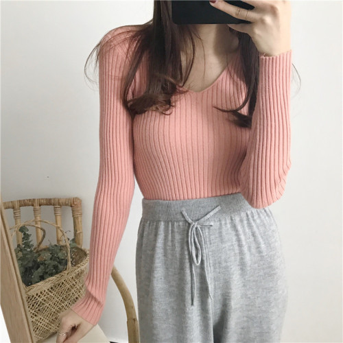 V-neck long-sleeve slim-fit base shirt women's inner sweater women's autumn/winter style stylish versatile top multi-color knit shirt
