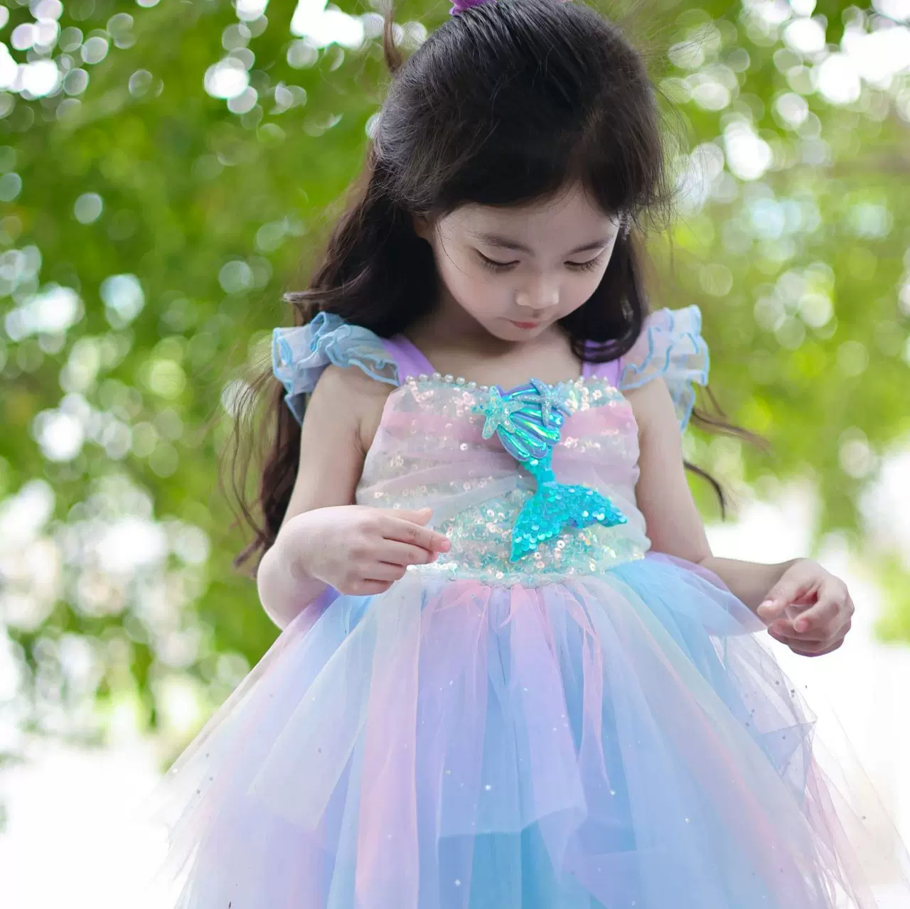 女童2025夏季新ins风冰雪美人鱼网纱公主裙儿童会发光六一演出裙
