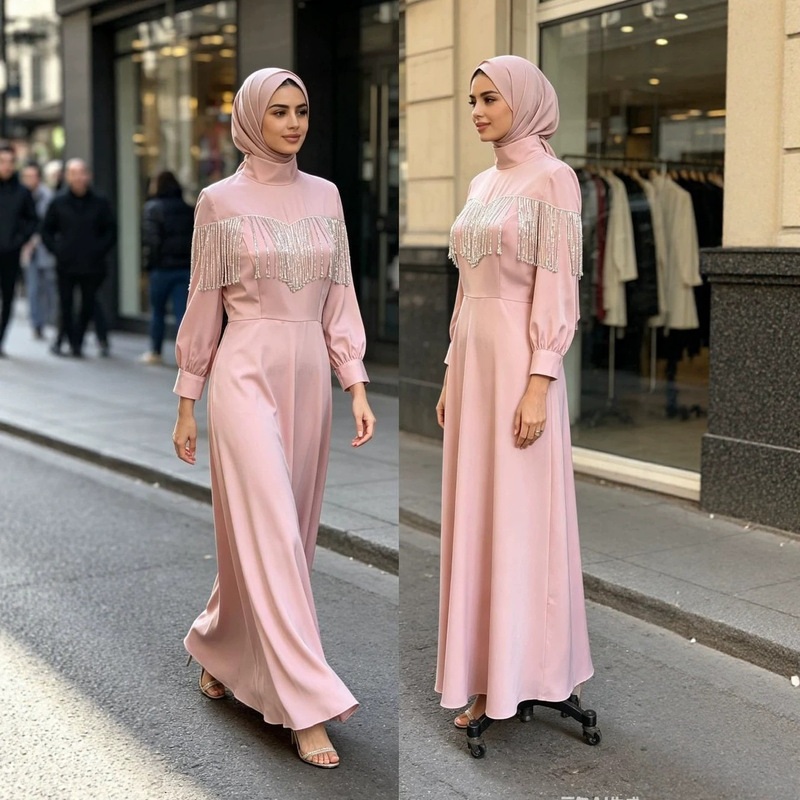 Cross-Border New Model Factory Direct Sale Turkish-Pakistani Women's Fashionable Tassel Lace Long-Sleeve Long Dress