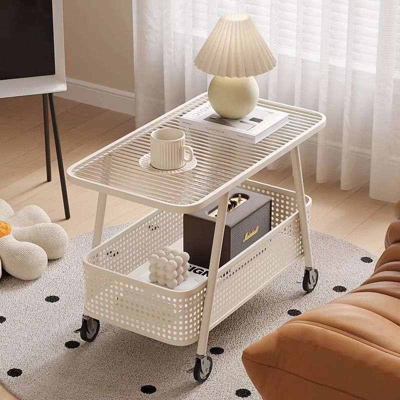 2025 New Cream Style Movable Sofa Side Table Bedside Tempered Glass Trolley Slate Small Coffee Table