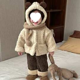 婴幼儿毛毛加厚小熊连帽外套冬季男女宝宝可爱加绒保暖棉衣冬潮流